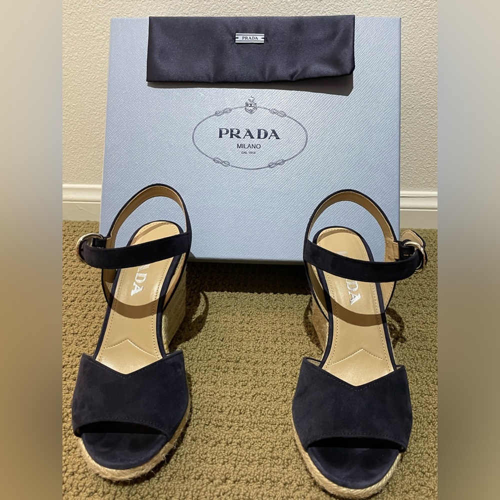 Prada Raffia 95mm Peep-Toe Wedge Navy Blue